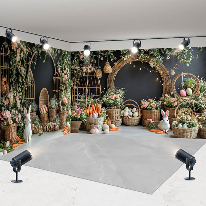 Aperturee - Aperturee Woven Basket Floral Bunny Easter Room Set Backdrop