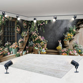 Aperturee - Aperturee Black Wall Floral Bunny Eggs Easter Room Set Backdrop