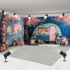 Aperturee - Aperturee Retro Blue Rv Pink Floral Wedding Room Set Backdrop