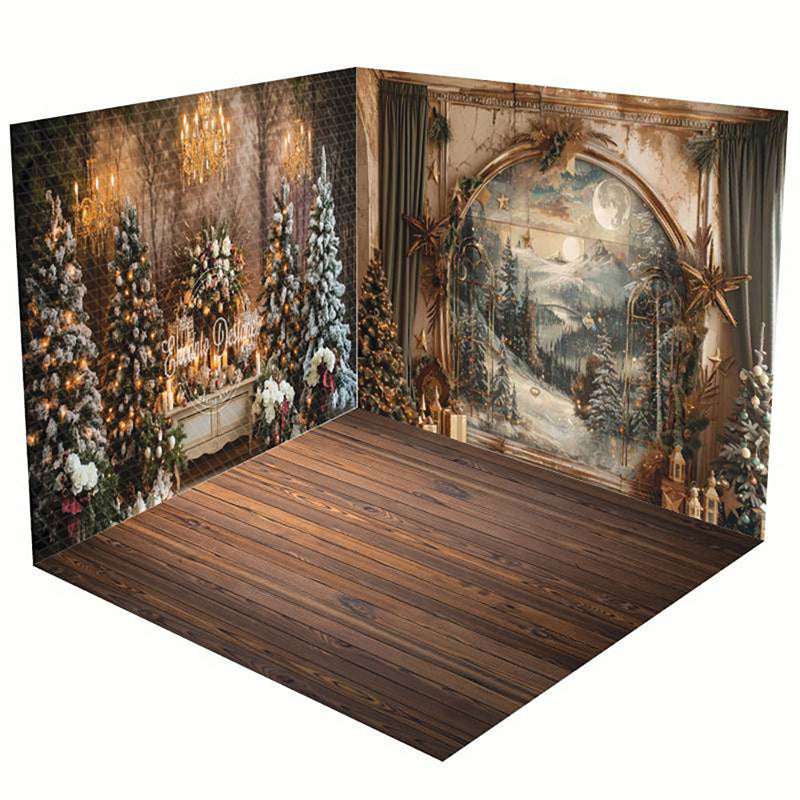 Aperturee - Aperturee Wooden Floor Mural Wall Christmas Room Set Backdrop