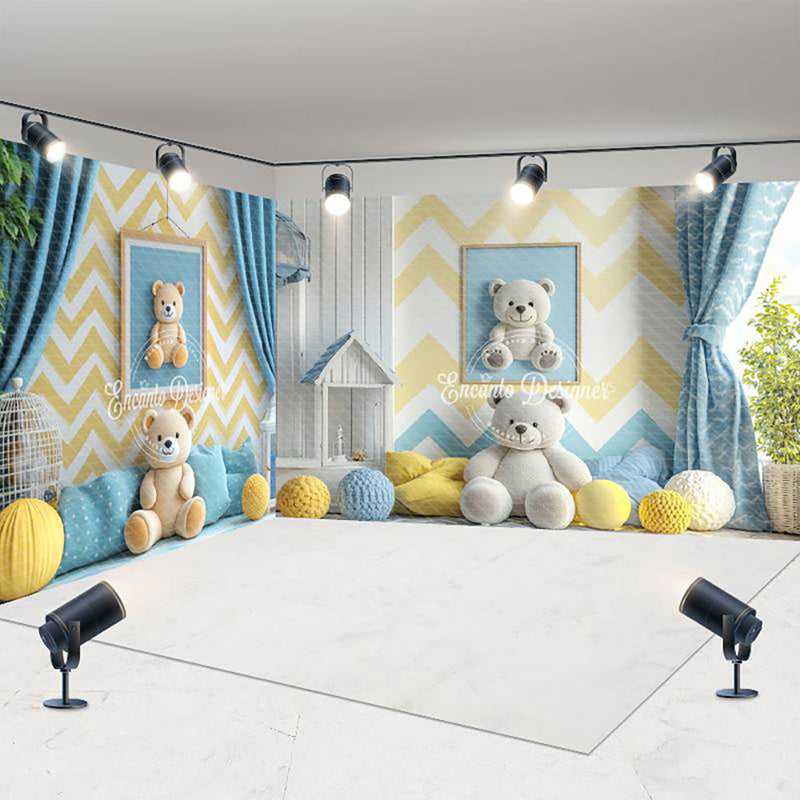 Aperturee - Aperturee Modern Blue Yellow Wall Teddy Bear Room Set Backdrop