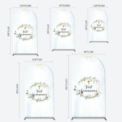 Aperturee - White Blue Leaves Gold Cross Arch Baptism Backdrop