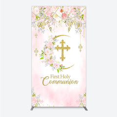 Aperturee Elegant Pink Watercolor First Holy Communion Rectangle Arch Backdrop with Gold Glitter Cross and Floral Wreath
