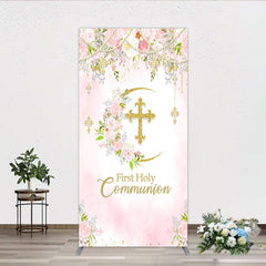Aperturee Elegant Pink Watercolor First Holy Communion Rectangle Arch Backdrop with Gold Glitter Cross and Floral Wreath