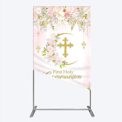 Aperturee Elegant Pink Watercolor First Holy Communion Rectangle Arch Backdrop with Gold Glitter Cross and Floral Wreath
