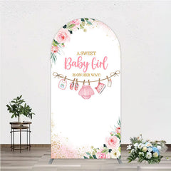 Aperturee Pink Floral Baby Girl Is On Her Way Round Top Arch Backdrop, with Baby Clothesline and Golden Glitter