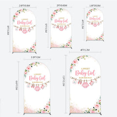 Aperturee Pink Floral Baby Girl Is On Her Way Round Top Arch Backdrop, with Baby Clothesline and Golden Glitter