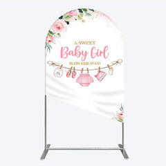 Aperturee Pink Floral Baby Girl Is On Her Way Round Top Arch Backdrop, with Baby Clothesline and Golden Glitter