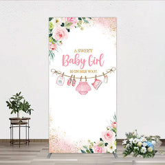 Aperturee Pink Floral Baby Girl Is On Her Way Rectangle Arch Backdrop, Sweet Clothesline Design for Shower Party