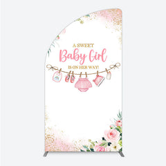 Aperturee A Sweet Baby Girl Is On Her Way Half Moon Arch Backdrop, Pink Floral Gold Glitter Shower Decor