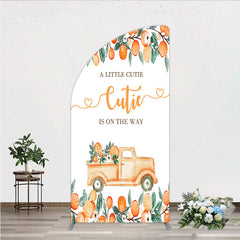 Aperturee Orange Citrus Greenery Half Moon Arch Backdrop with Rustic Truck, A Little Cutie Is On The Way Baby Shower Decor