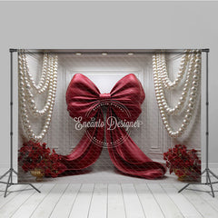 Aperturee Elegant Red Satin Bow and White Pearl Garlands Photography Backdrop, Romantic Floral Arrangement for Celebrations