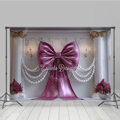 Aperturee Luxurious Magenta Bow and Pearl Garland Photography Backdrop, Elegant White Column and Floral Decor for Parties