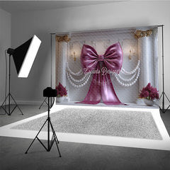 Aperturee Luxurious Magenta Bow and Pearl Garland Photography Backdrop, Elegant White Column and Floral Decor for Parties