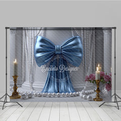 Aperturee Elegant Blue Satin Bow and White Pearl Photography Backdrop, featuring Classical Columns and Pink Roses