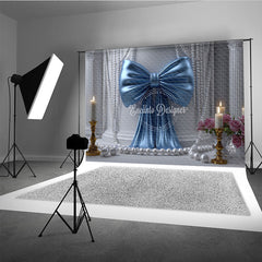 Aperturee Elegant Blue Satin Bow and White Pearl Photography Backdrop, featuring Classical Columns and Pink Roses