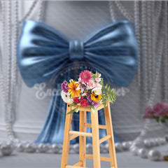 Aperturee Elegant Blue Satin Bow and White Pearl Photography Backdrop, featuring Classical Columns and Pink Roses