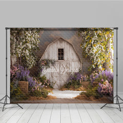 Aperturee Rustic White Barn Photography Backdrop with Flowering Trees and Purple Pink Flowers, Hay Bales for Spring Portraits