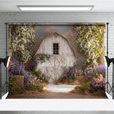 Aperturee Rustic White Barn Photography Backdrop with Flowering Trees and Purple Pink Flowers, Hay Bales for Spring Portraits