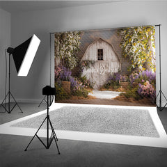 Aperturee Rustic White Barn Photography Backdrop with Flowering Trees and Purple Pink Flowers, Hay Bales for Spring Portraits