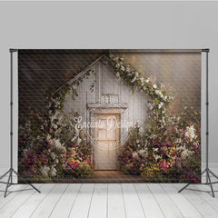 Aperturee Rustic White Wooden Door Photography Backdrop, Lush Floral Vines and a Dreamy Spring Garden Scene