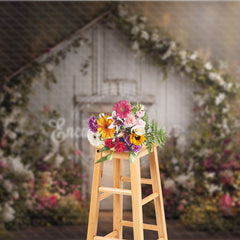 Aperturee Rustic White Wooden Door Photography Backdrop, Lush Floral Vines and a Dreamy Spring Garden Scene