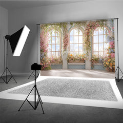 Aperturee Elegant Floral Arched Window Photography Backdrop with City View, Romantic Garden Party Decor for Spring and Summer