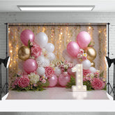 Aperturee Elegant Pink White Gold Balloons and Roses First Birthday Photography Backdrop, Dreamy Bokeh Lights Party Decor