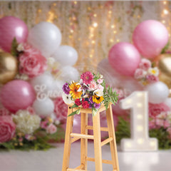 Aperturee Elegant Pink White Gold Balloons and Roses First Birthday Photography Backdrop, Dreamy Bokeh Lights Party Decor