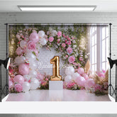 Aperturee Pink and White Balloons Floral Arch First Birthday Photography Backdrop, Golden Number One, Window Light