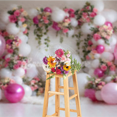 Aperturee Elegant Pink and White Balloons Floral Photography Backdrop with Number One for First Birthday Celebration