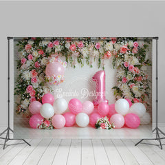 Aperturee Pink and White Floral Arch Photography Backdrop with Number One Balloon, First Birthday Party Decor