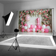 Aperturee Pink and White Floral Arch Photography Backdrop with Number One Balloon, First Birthday Party Decor