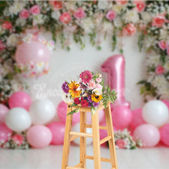 Aperturee Pink and White Floral Arch Photography Backdrop with Number One Balloon, First Birthday Party Decor