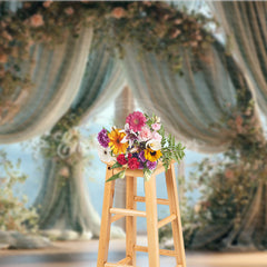 Aperturee Elegant Floral Window Photography Backdrop with Flowing Curtains and Pink Roses, Dreamy Portrait Studio Prop