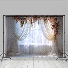 Aperturee Elegant Floral Arch Window Photography Backdrop, Romantic Sheer Curtain and White Brick Wall Decor for Portraits