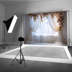 Aperturee Elegant Floral Arch Window Photography Backdrop, Romantic Sheer Curtain and White Brick Wall Decor for Portraits