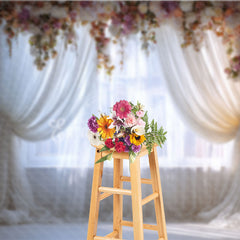 Aperturee Elegant Floral Arch Window Photography Backdrop, Romantic Sheer Curtain and White Brick Wall Decor for Portraits