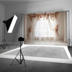 Aperturee Elegant White Sheer Curtain Photography Backdrop with Peach and Pink Floral Arch, Romantic Wedding or Baby Shower Decor