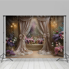 Aperturee Luxurious Floral Photography Backdrop with Elegant Beige Curtains, Romantic Flowers and Sparkling Chandeliers
