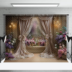 Aperturee Luxurious Floral Photography Backdrop with Elegant Beige Curtains, Romantic Flowers and Sparkling Chandeliers