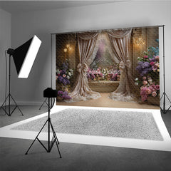 Aperturee Luxurious Floral Photography Backdrop with Elegant Beige Curtains, Romantic Flowers and Sparkling Chandeliers