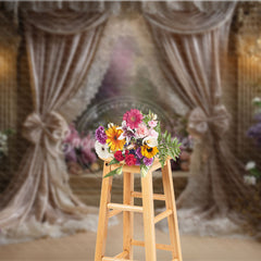 Aperturee Luxurious Floral Photography Backdrop with Elegant Beige Curtains, Romantic Flowers and Sparkling Chandeliers