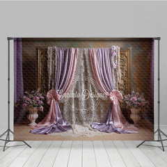 Aperturee Elegant Pink and Lavender Draped Curtains Photography Backdrop, Golden Frame, Lace and Floral Decor for Portraits