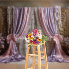 Aperturee Elegant Pink and Lavender Draped Curtains Photography Backdrop, Golden Frame, Lace and Floral Decor for Portraits