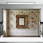 Aperturee Elegant Vintage Floral Wallpaper Photography Backdrop with Ornate Gold Frame and White Wainscoting for Studio Portraits