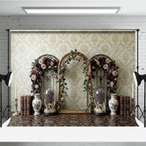 Aperturee Vintage Damask Wallpaper Photography Backdrop with Elegant Floral Arches, Antique Books and Lavender Decor