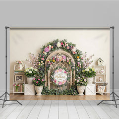 Aperturee Elegant Floral Arch Photography Backdrop with Happy Mother's Day Sign, Spring Pastel Flowers and Wooden Lattice Decor
