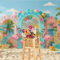 Aperturee Vibrant Tropical Flamingo Beach Party Photography Backdrop, featuring Palm Trees and Aloha Sign for Summer Celebrations