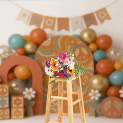 Aperturee Groovy Retro Hippie Photography Backdrop with Peace Signs and Daisy Flowers, 60s 70s Theme Birthday Party Decor